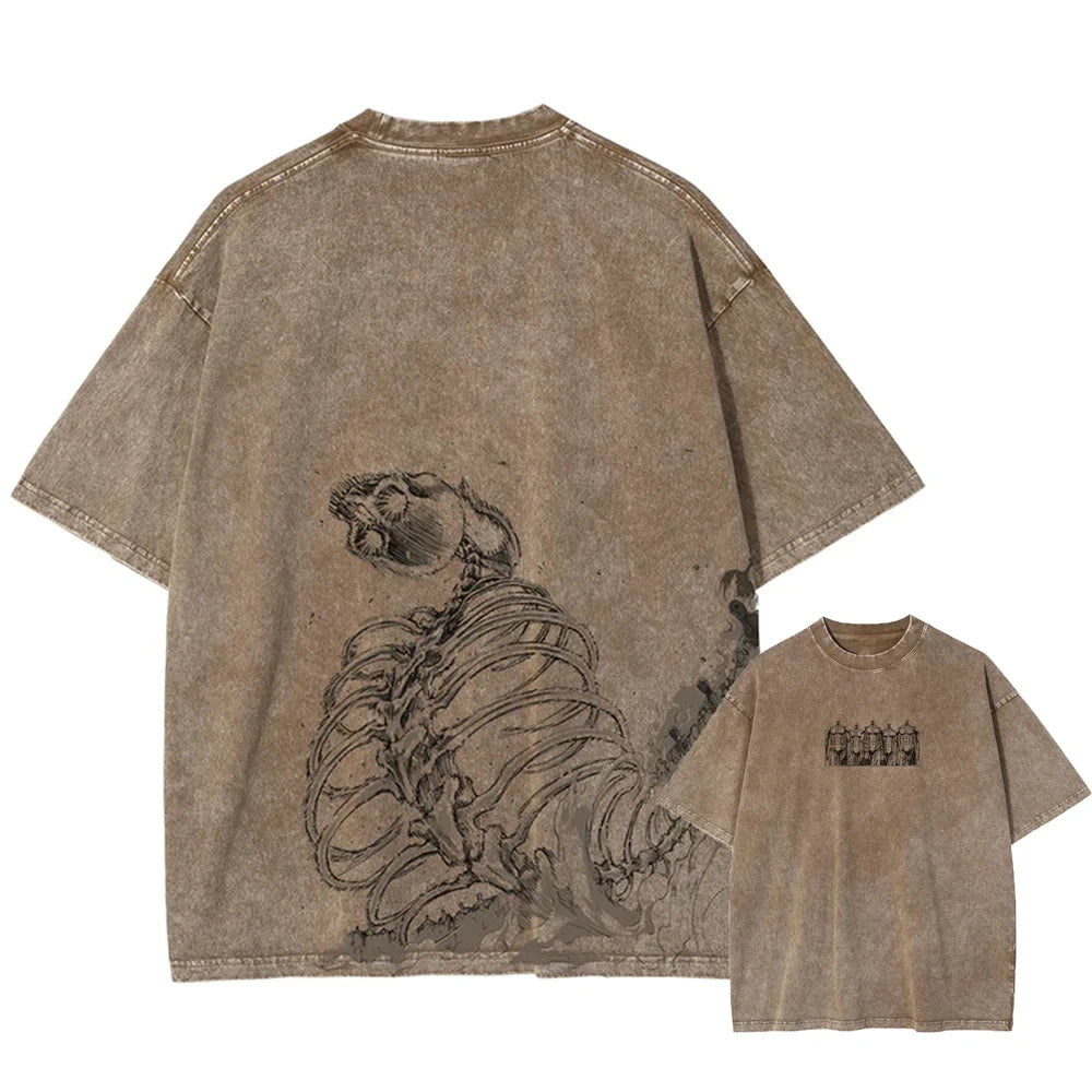Men Washed Anime Attack On Titan T-Shirt Hip Hop Streetwear Graphic Print Oversize Tshirt Short Sleeve Cotton Loose Vintage Tops - Live Store 4U