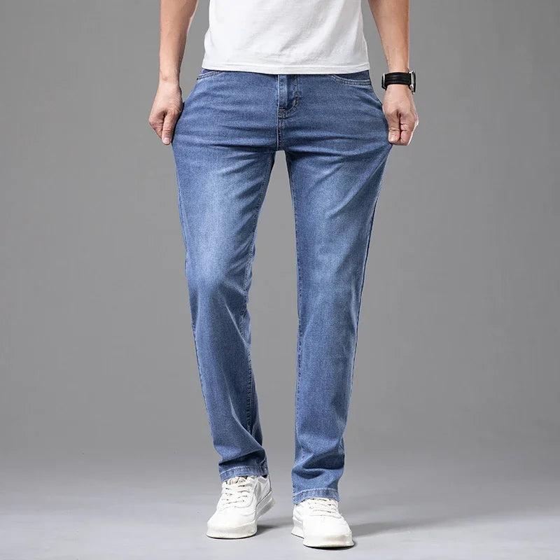 Summer Thin Men's Elastic Cotton Jeans Fashion Gray Comfortable Business Straight Casual Pants Brand Male Clothes Trousers - Live Store 4U