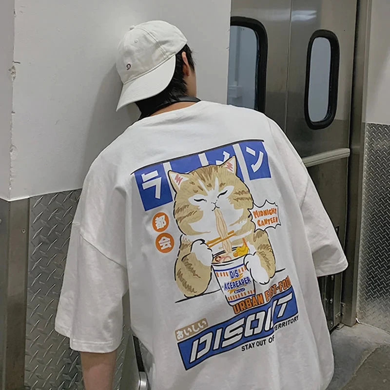 Harajuku Cat Cartoon Eating Noodles Graphic Men Women Tshirts Casual Short Sleeve Tees Japan Style Oversized T Shirt Clothing - Live Store 4U