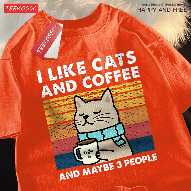 I Like Cats And Coffee Men Women T-Shirt Cotton Tee Clothes Hip Hop Loose Tshirt Fashion Crewneck T-Shirt Streetwear Couple - Live Store 4U