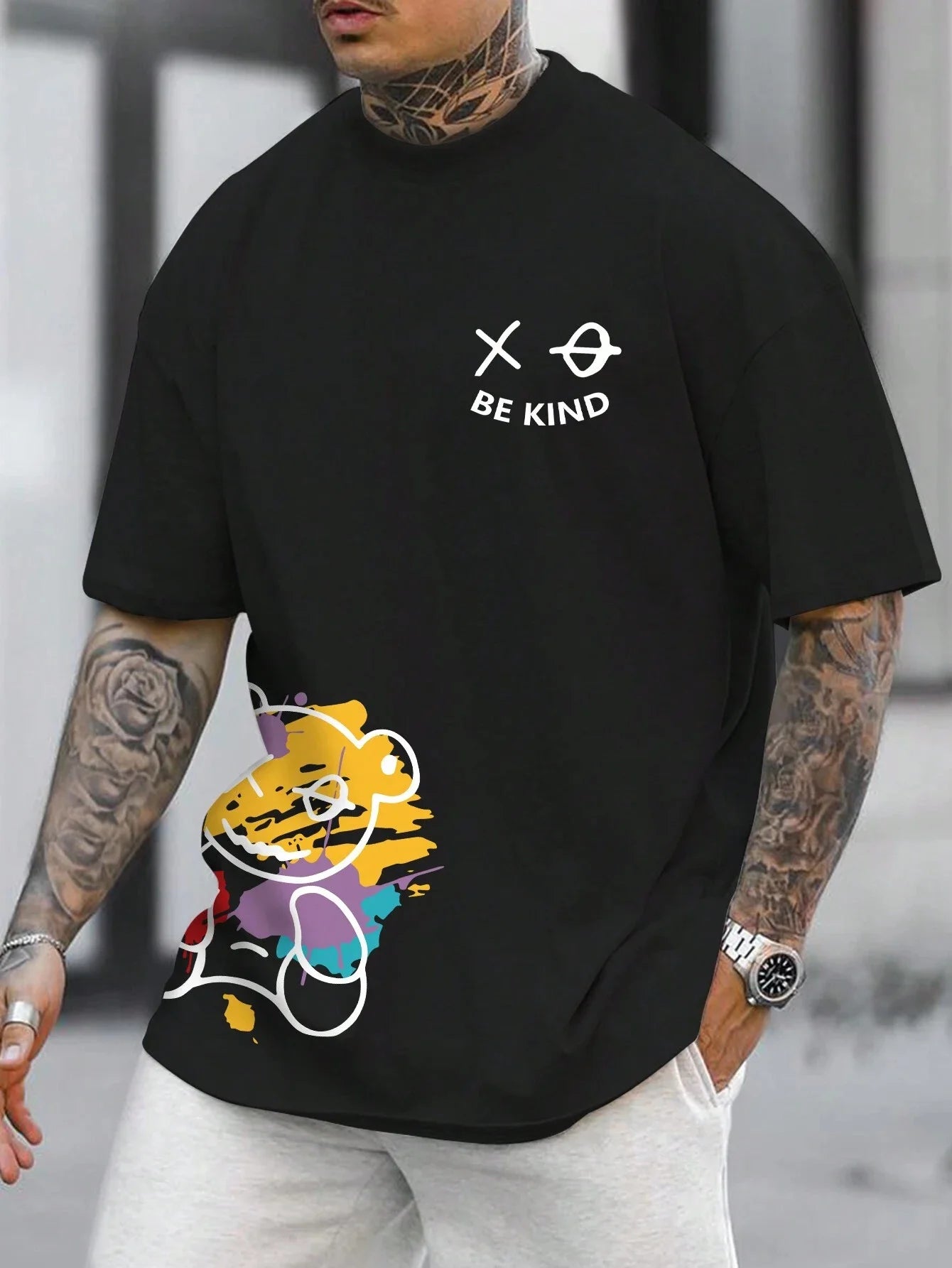 Men's 100% pure cotton summer loose size BE KIND letter cartoon print casual comfortable round neck short sleeved T-shirt top - Live Store 4U