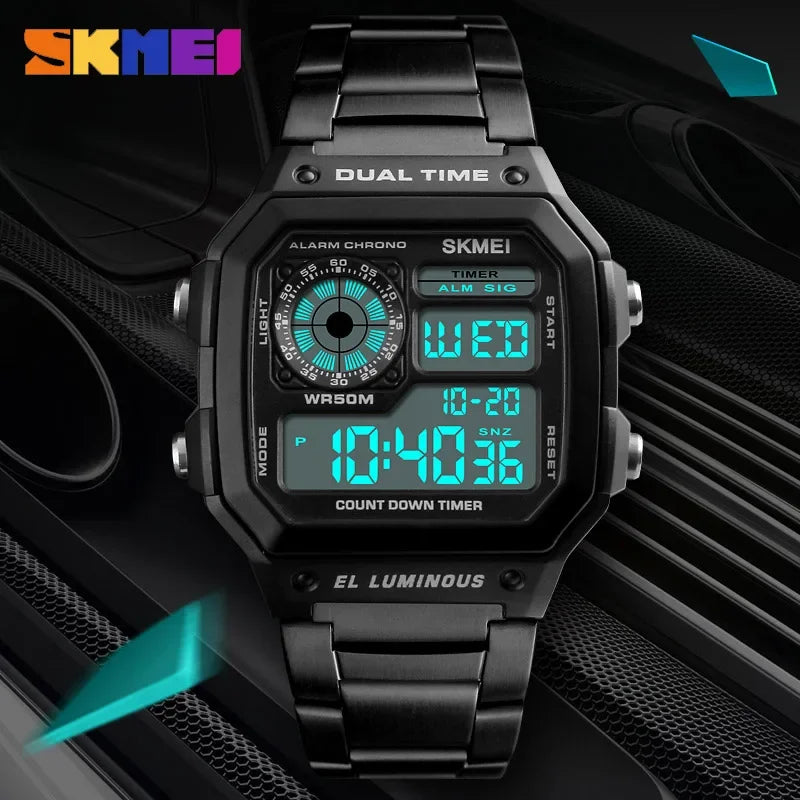 SKMEI 1335 Retro SportsDigital Watch for Men Waterproof Chrono Electronic Mens Wristwatches Stainless Steel Clock Reloj Hombre