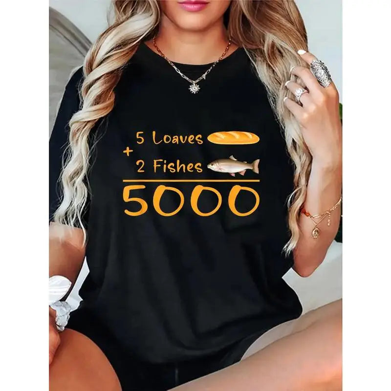 "Funny Christian T-Shirt for Women | '5 Loaves 2 Fishes' Graphic Tee | Religious Bible Story Gift | Jesus Humor Top"