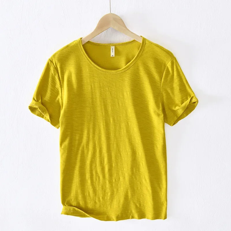 Retro Raw Edge T-Shirt for Men, 100% Cotton, Lightweight,Breathable,Slim-fit, Monochromatic, O-Neck, Casual Basic Top - Live Store 4U