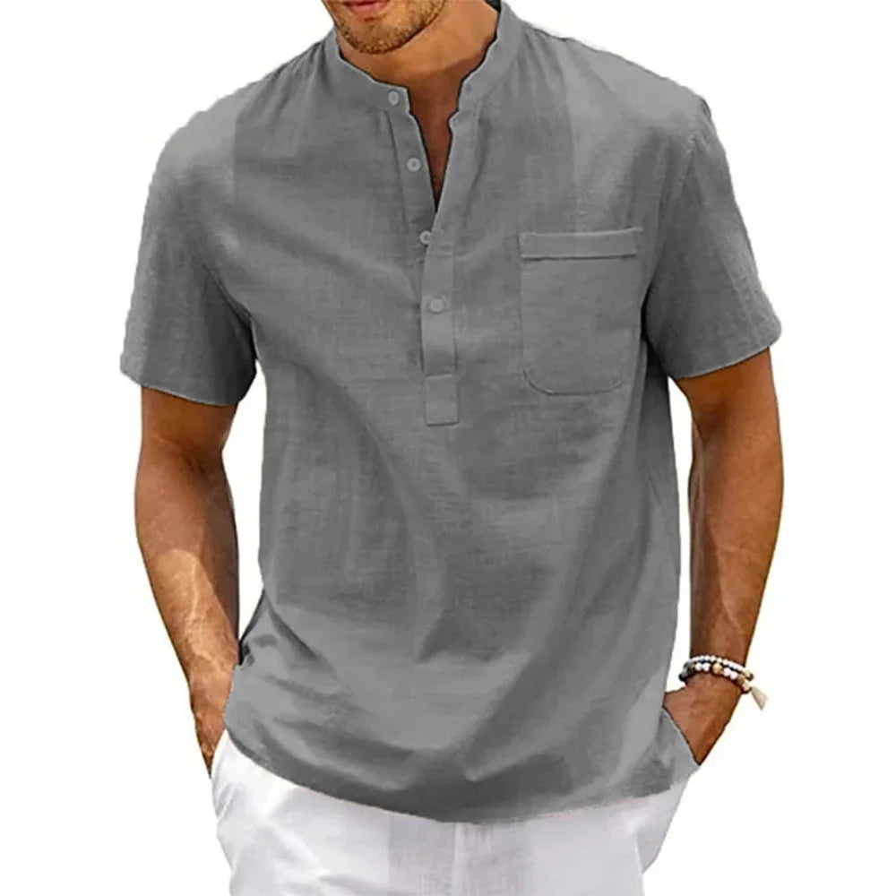 Cotton Linen Shirt Men Henley Neck Pocket Casual Beach Short Sleeve Solid Color Male Tops T-shirts Vintage Streetwear - Live Store 4U