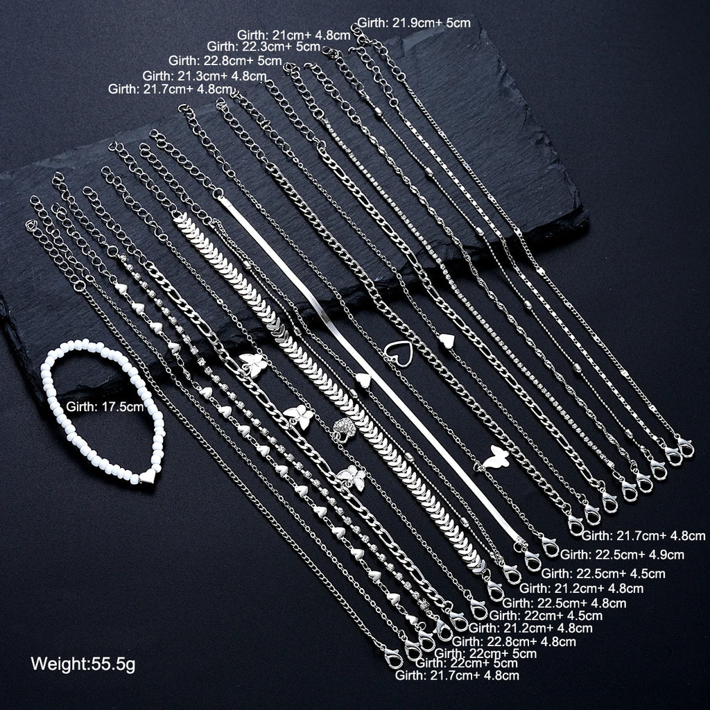 19Pcs/Set New Design Silver Color Anklet Sets for Women Fashion Pearl Butterfly Heart Crystal Foot Chain Versatile Daily Jewelry - Live Store 4U