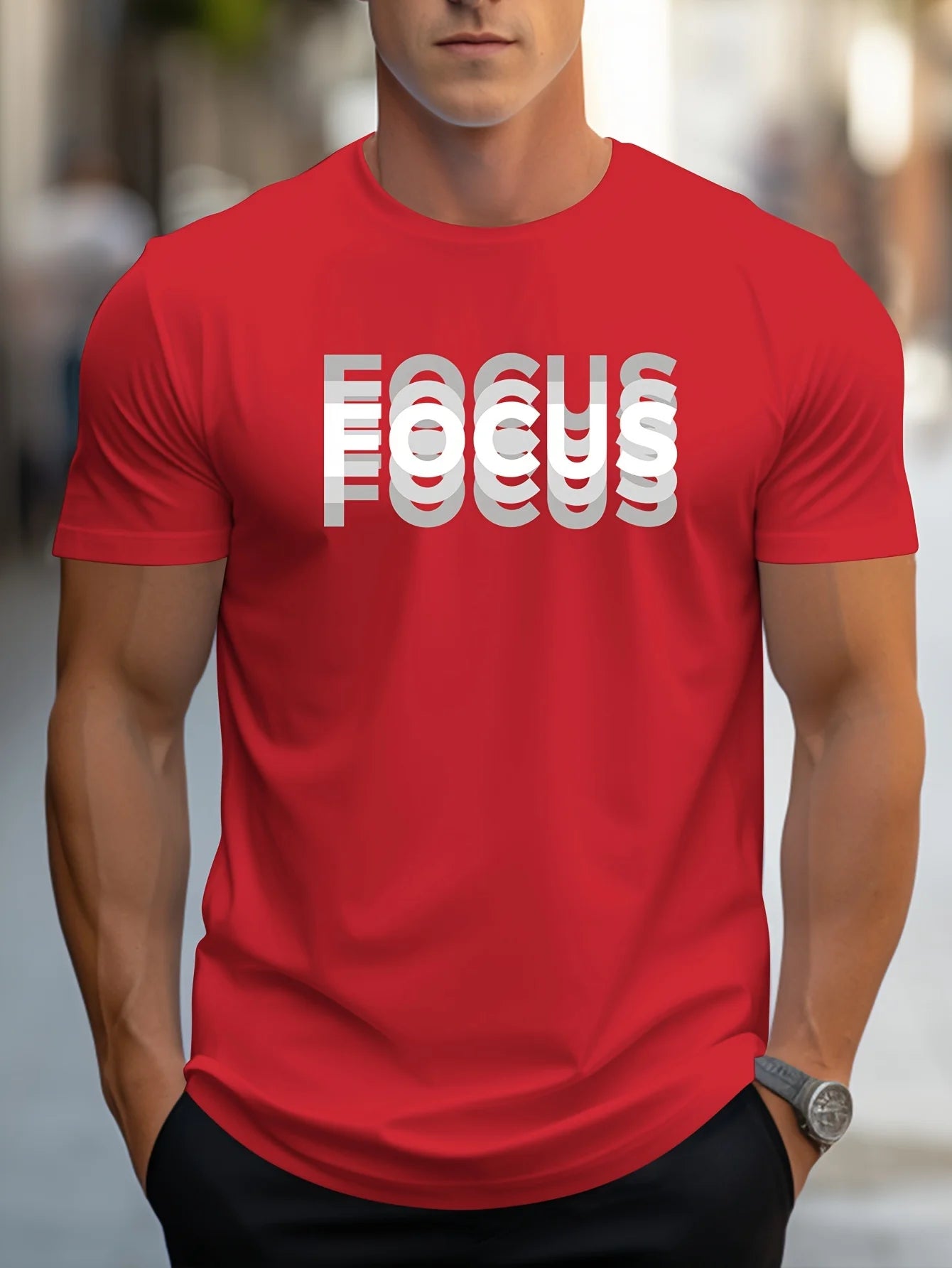 Men's 100% cotton casual sports loose oversized Focus print round neck short sleeved T-shirt top - Live Store 4U