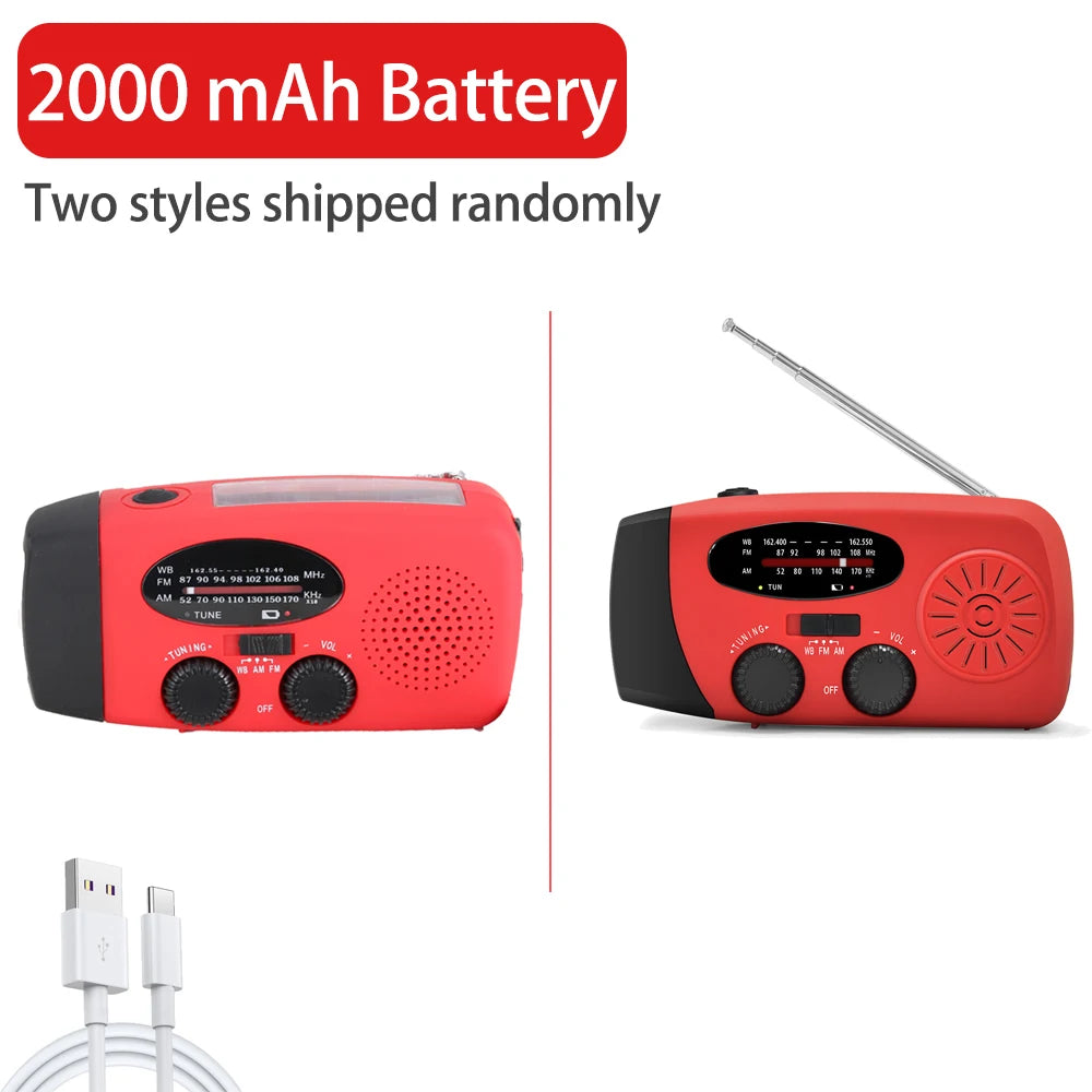 2000 mAh Emergency Radio with LED Lights Radio USB Solar Charging Light Outdoor Travel Portable Rechargeable FM/AM Radio