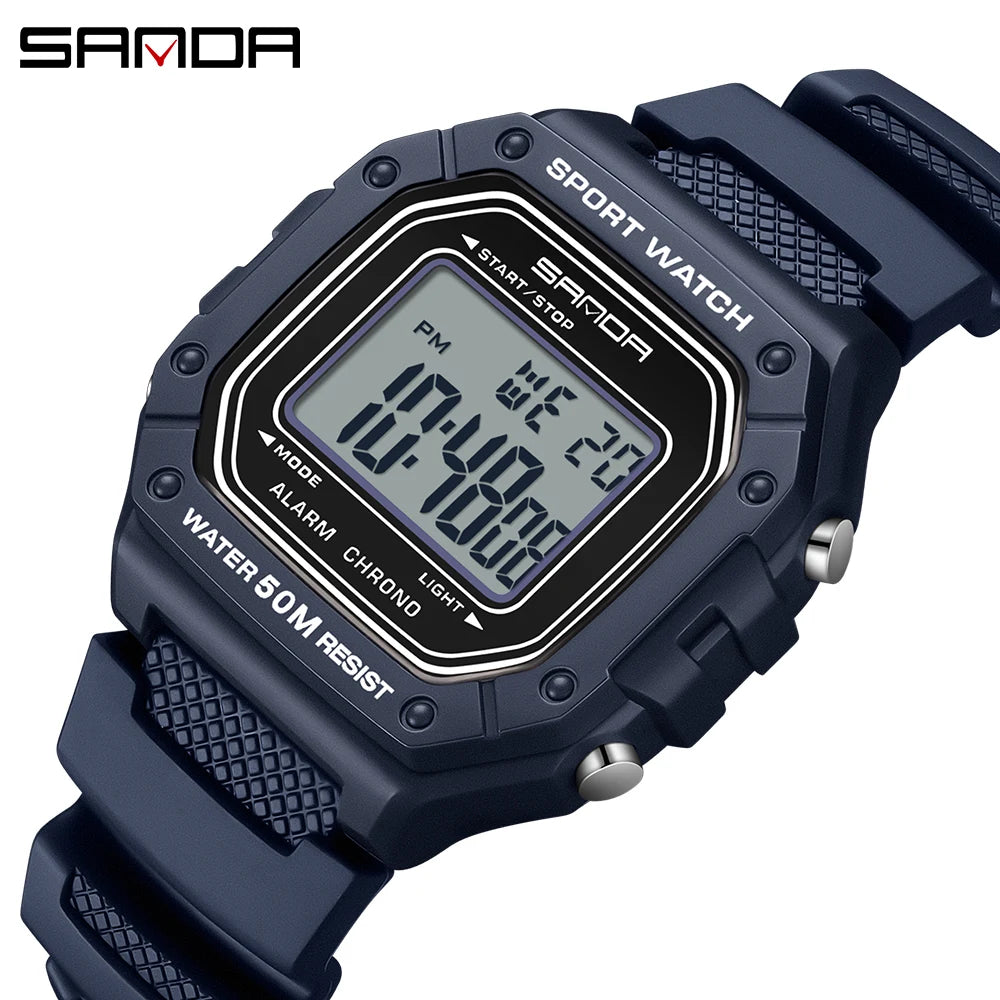 SANDA 2156 Men Watch New Model Electronic Digital Movement Rectangle Led Display Dial Outdoor Sports Watertight Male Wrist Watch