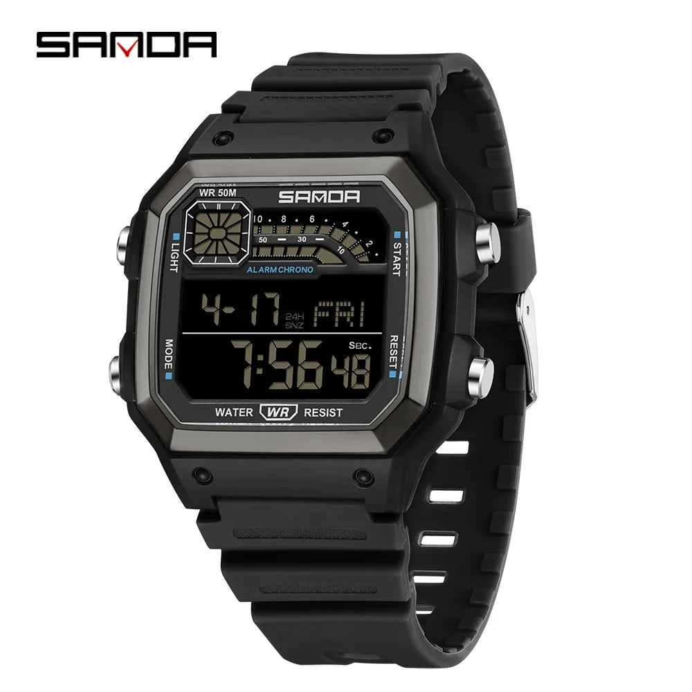 SANDA 6196 Electronic Watch Multi functional Night Glow Waterproof Sports Men's Lightweight Square Classic Student Watch