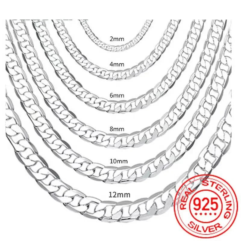 Men's 925 Sterling Silver Necklace 2/4/6/8/10/12MM 40-75cm Face Chain Necklace Lobster Clasp Men Women Engagement Jewelry Gifts - Live Store 4U