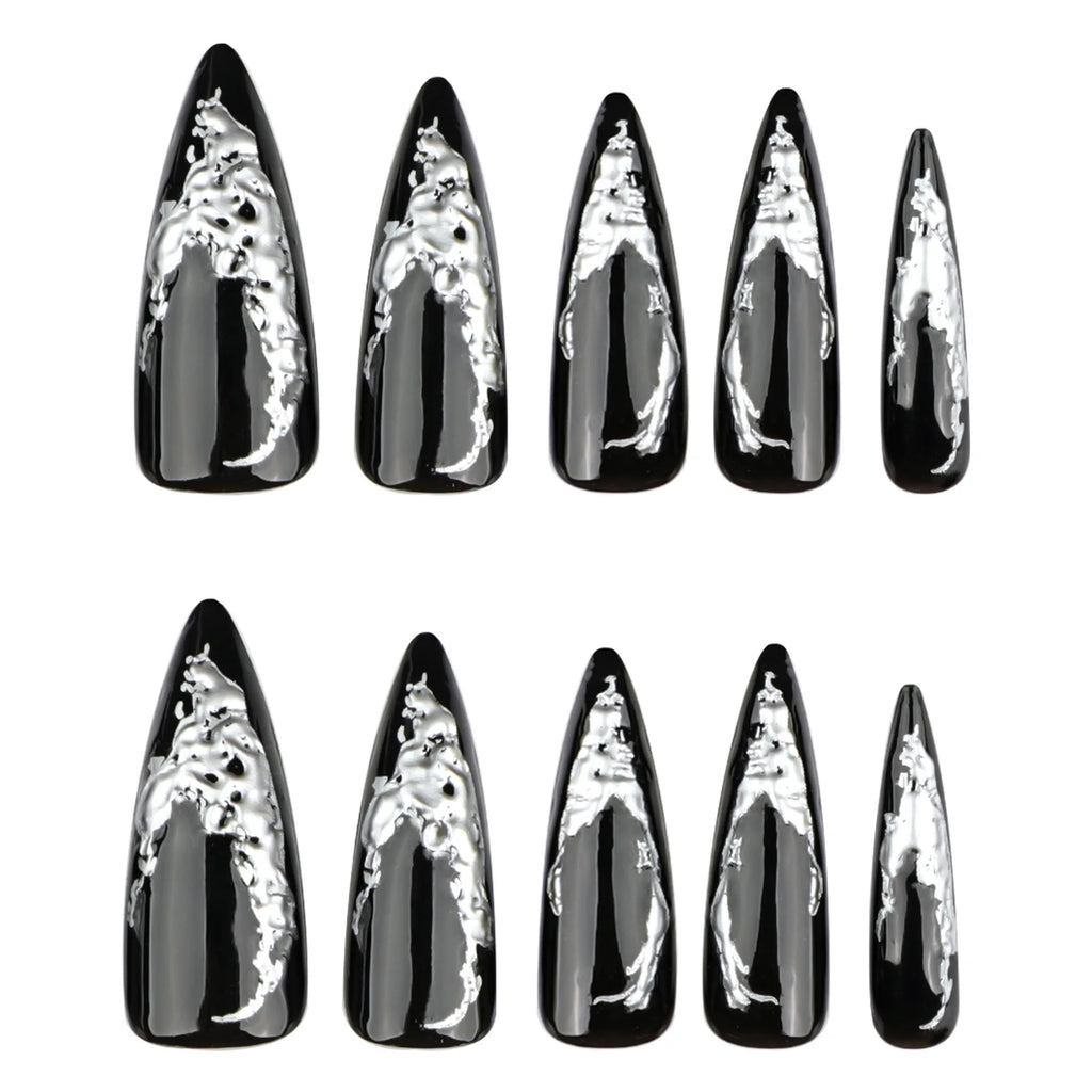 24pcs Press on Nails Dark Long Pointed 3D Silver Full Coverage Nail Tips for Women&Girl Halloween Removable Wearable Fake Nail