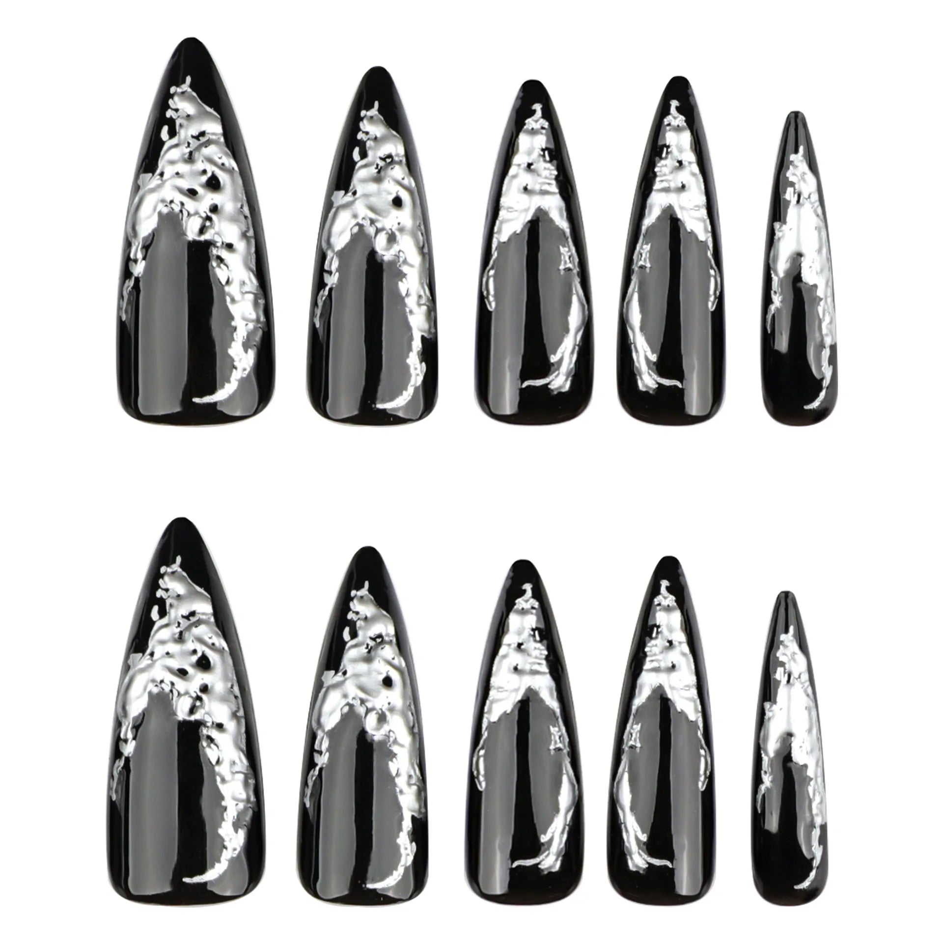 24pcs Press on Nails Dark Long Pointed 3D Silver Full Coverage Nail Tips for Women&Girl Halloween Removable Wearable Fake Nail