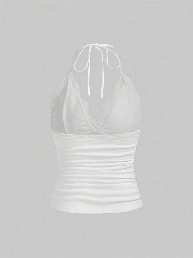 Lace V-neck Halter Top Women Summer Sexy Grunge Punk Goth Backless Ruched Crop Top Cami Top Streetwear Y2K Clothes 2024