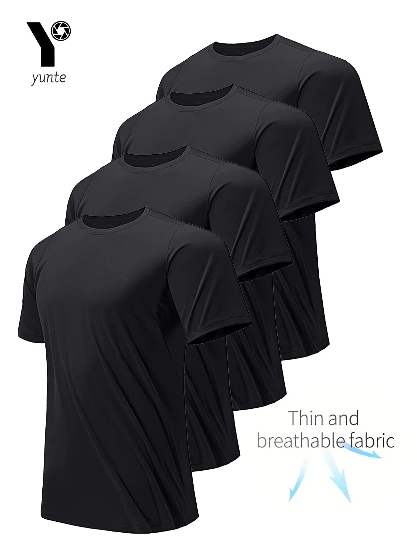 Round Neck T-Shirt 4-Pack Black Ultra-Light Men's Quick Drying Breathable Sweat-Absorbent Shirt Suitable for Fitness Gym and Run - Live Store 4U