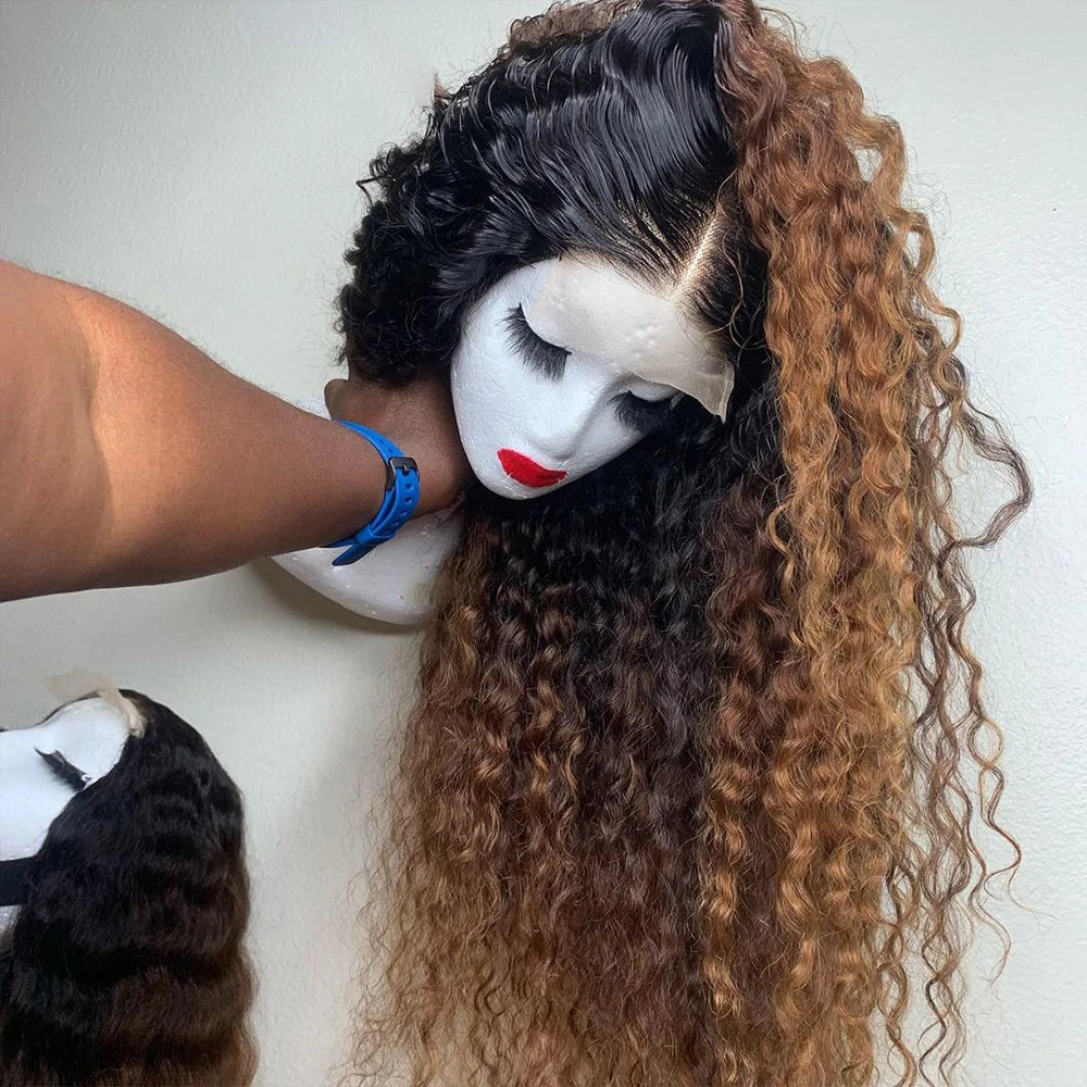 Soft Preplucked Ombre Brown Color 26Inch Long 180Density Lace Front Wig For Women Synthetic Kinky Curly With Baby Hair Glueless