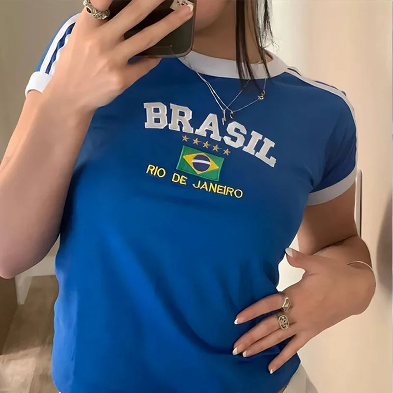Womens Aesthetic BRASIL Letter Print T-Shirt and Shorts Suit, Vintage Grunge  Short Sleeve Baby Tees, Summer Crop Top Y2k Clothe
