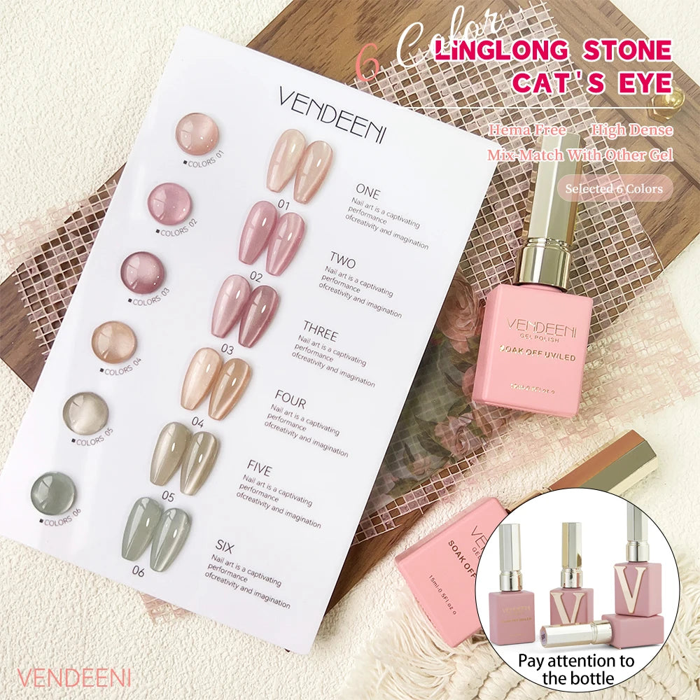 Vendeeni 6 Colors Crystal Cat Eye Gel Nail Polish Set Semi Permanent Sparkling Magnetic UV LED Soak Off Gel Varnish With Display