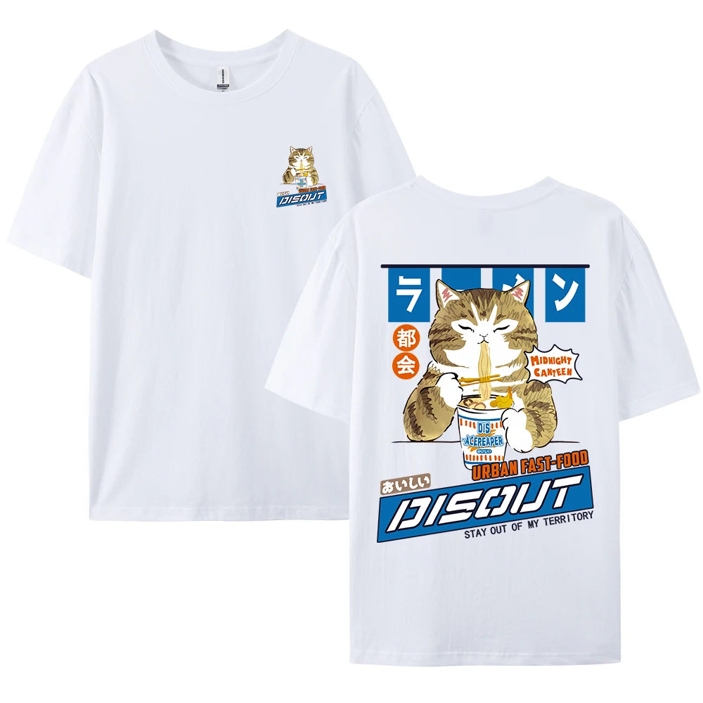 Harajuku Cat Cartoon Eating Noodles Graphic Men Women Tshirts Casual Short Sleeve Tees Japan Style Oversized T Shirt Clothing - Live Store 4U