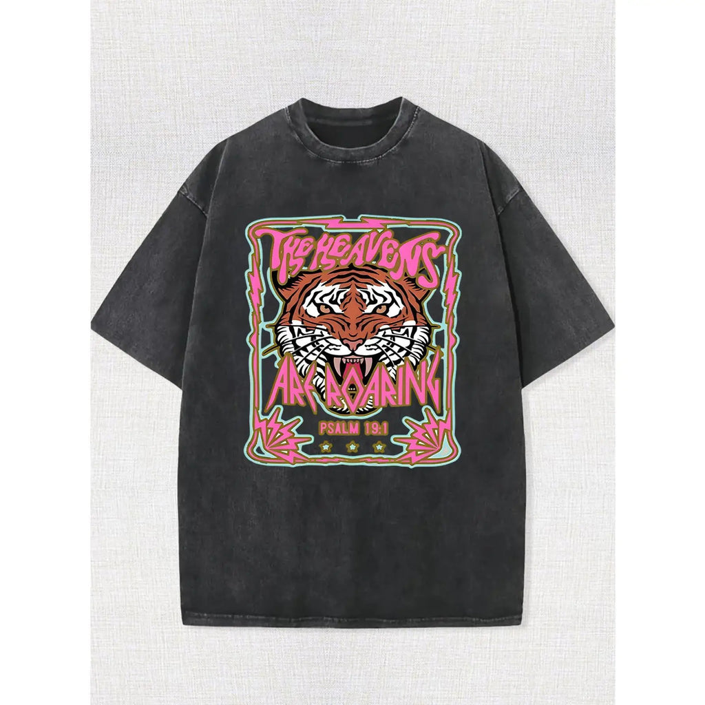 Vintage Washed T-shirt The Heavens Are Roaring Psalm 19:1, Christian Bible Verse Graphic Tee, Religious Streetwear