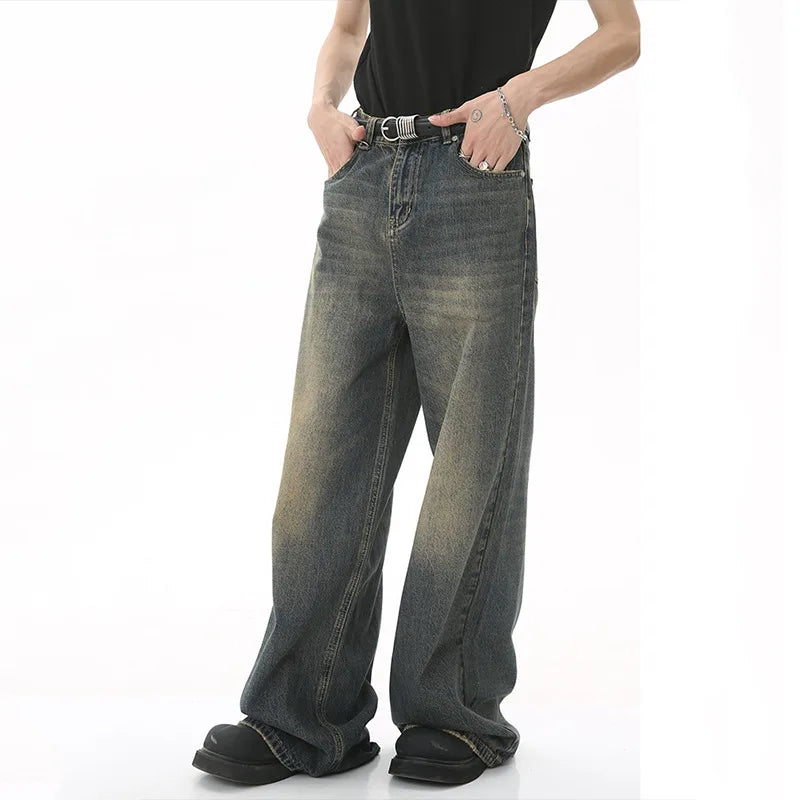 IEFB Summer Men's Denim Pants Old Blue Washed Male Jeans Straight Casual Menwear Loose Wide Leg Trousers New Fashion 9C354 - Live Store 4U