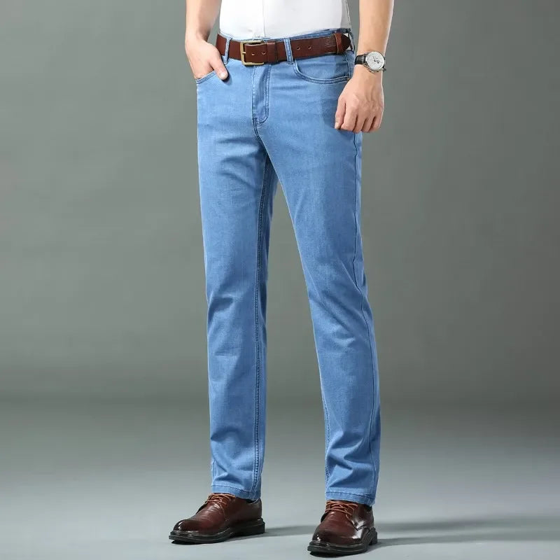 New Ice Silk Thin Denim Jeans For Men Blue Straight Stretch Cotton Pants Business Casual Lightweight Trousers Spring Summer - Live Store 4U
