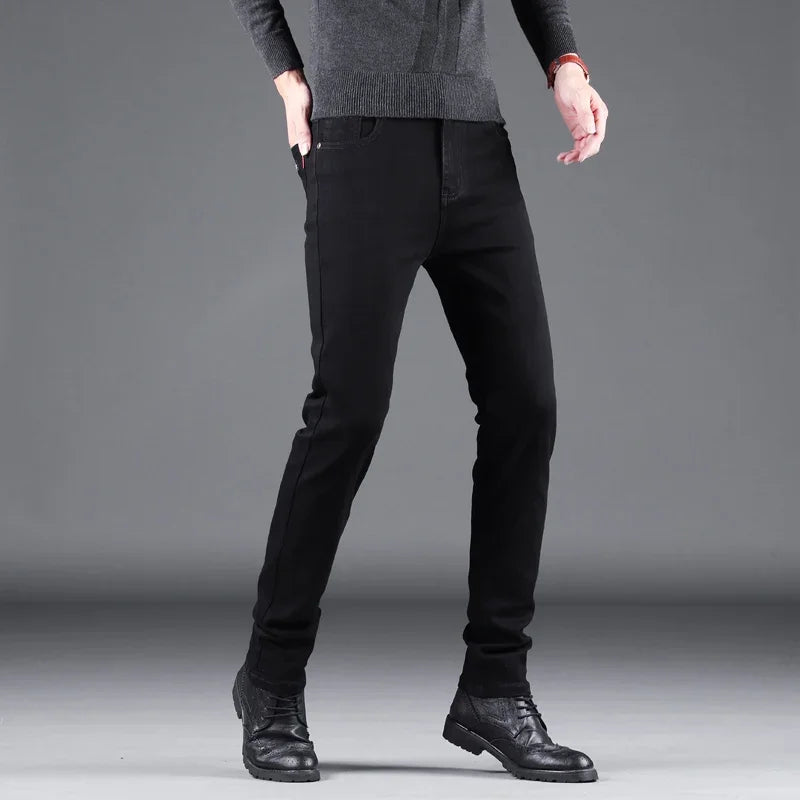 Spring Autumn New Men's Pure Black Slim Jeans Elastic Straight Pants Business Fashion Leisure Korean Vintage Denim Pants Male - Live Store 4U