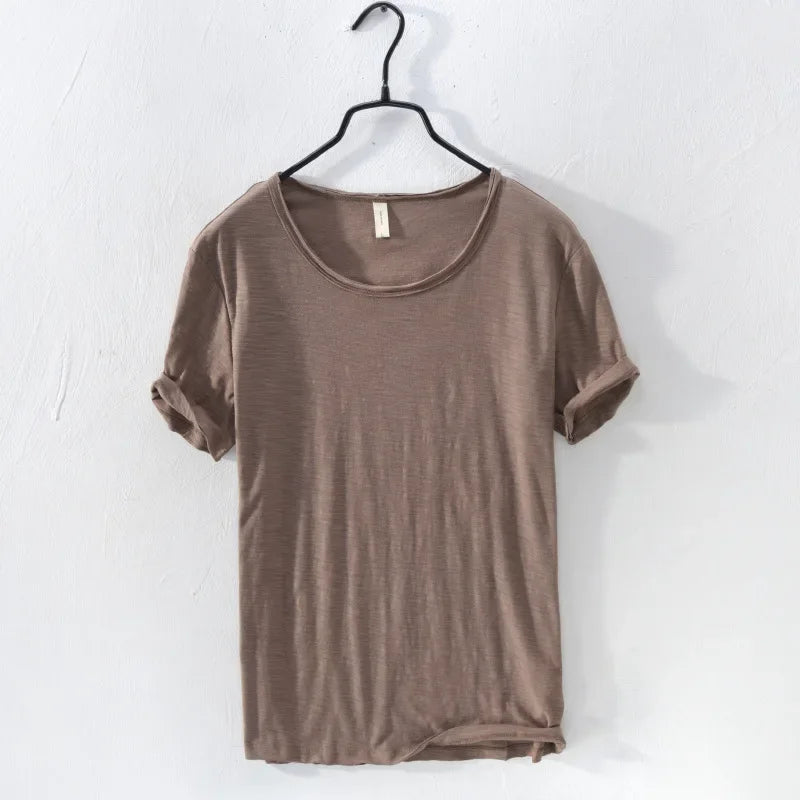 Retro Raw Edge T-Shirt for Men, 100% Cotton, Lightweight,Breathable,Slim-fit, Monochromatic, O-Neck, Casual Basic Top - Live Store 4U