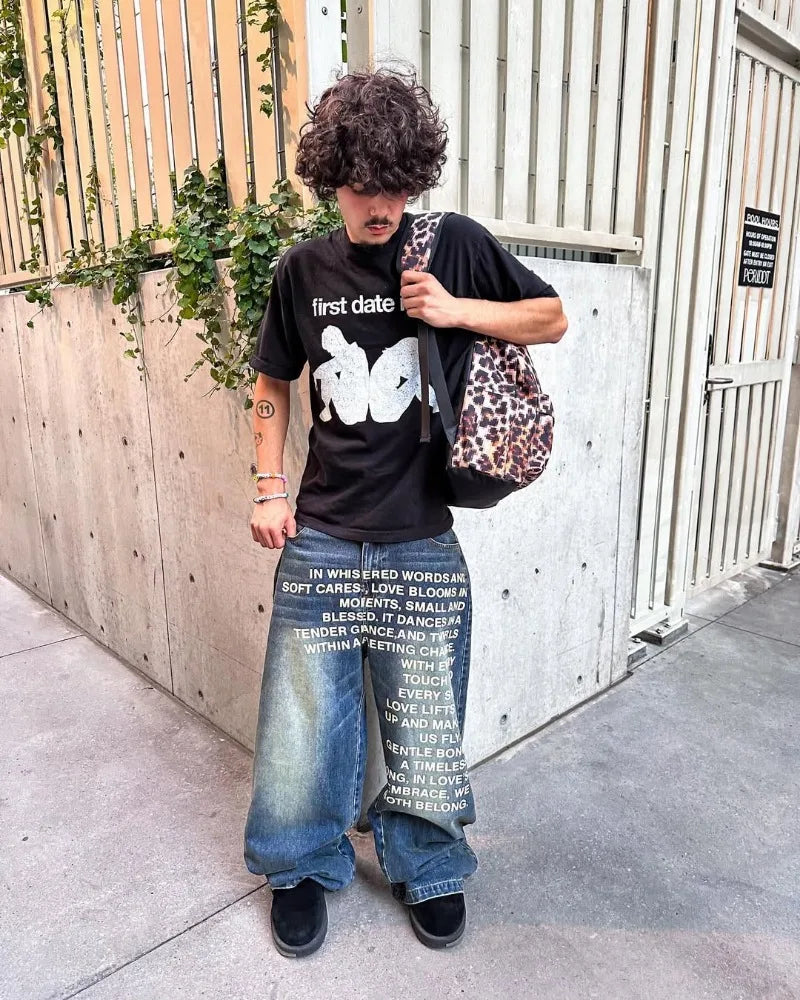 Y2K men Jeans vintage American Pattern letter jeans streetwear gothic Harajuku Hip Hop men women Fashion Casual wide leg jeans - Live Store 4U