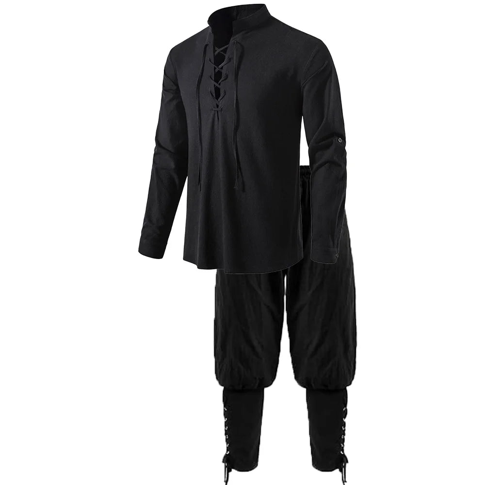 2Pcs Men's Medieval Knight Costume Set Renaissance Cosplay Pirate Shirts Ankle Banded Pants For Halloween Cotton Linen Fabric - Live Store 4U