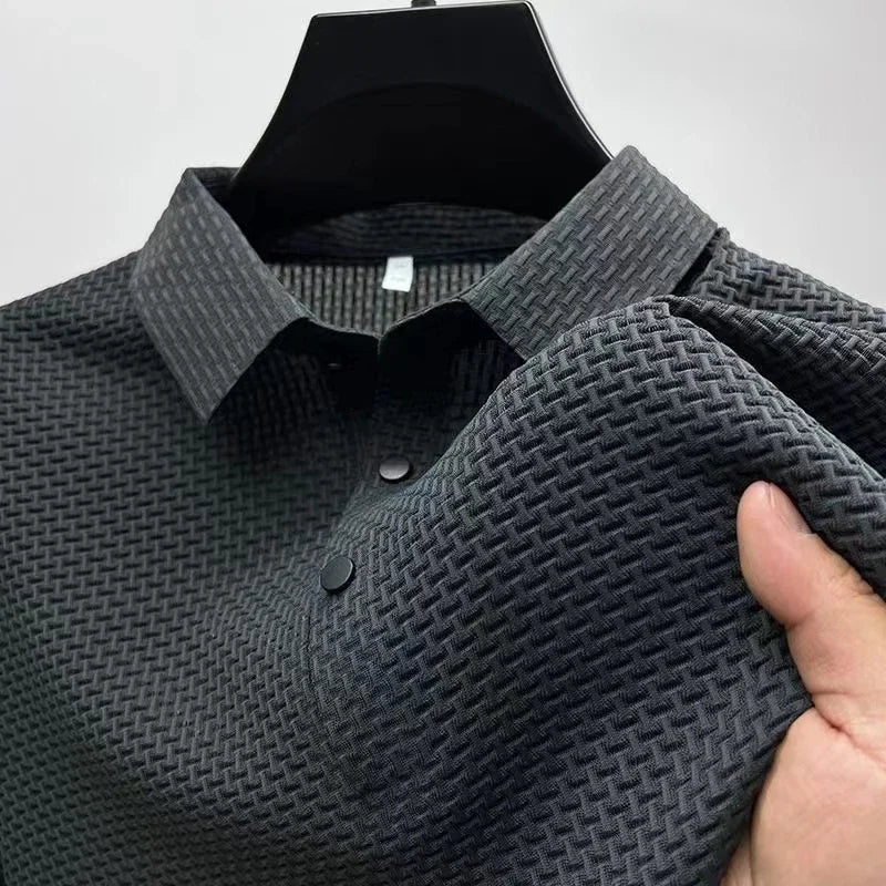 New Men's Business Casual Short Sleeved Bone Flower Solid Color POLO Shirt Fashion Breathable Comfortable Summer Versatile Top - Live Store 4U