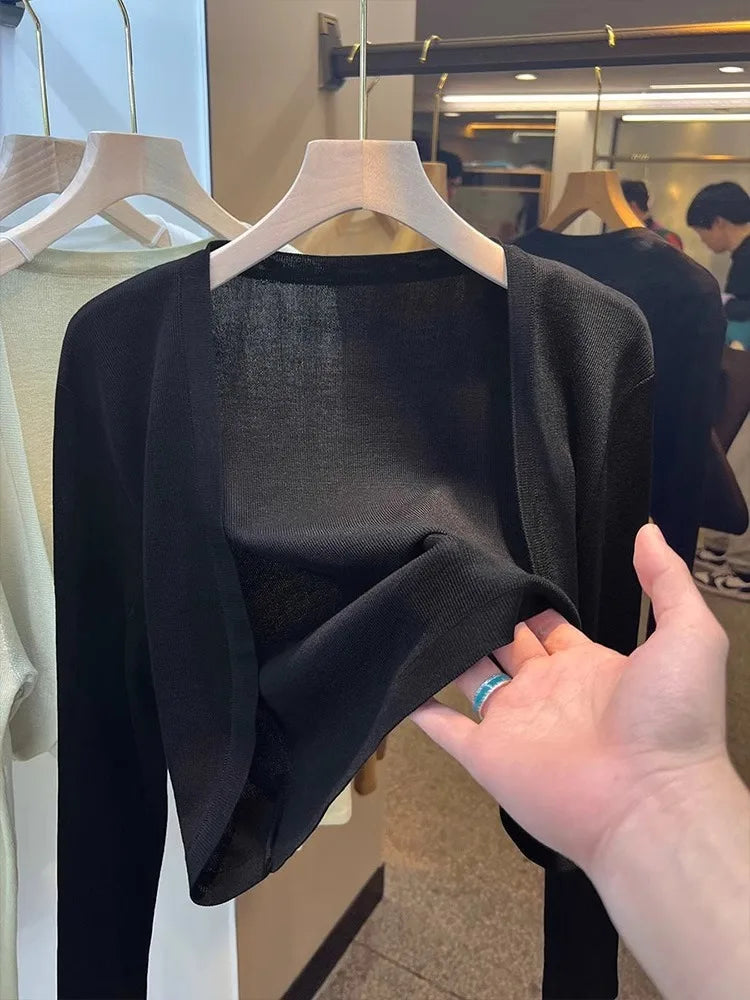Short Ice Silk Knitted Sun Protection Cardigan Women's Thin Summer Suspender Skirt Layered Gauze Jacket Air-conditioned Cover Up - Live Store 4U