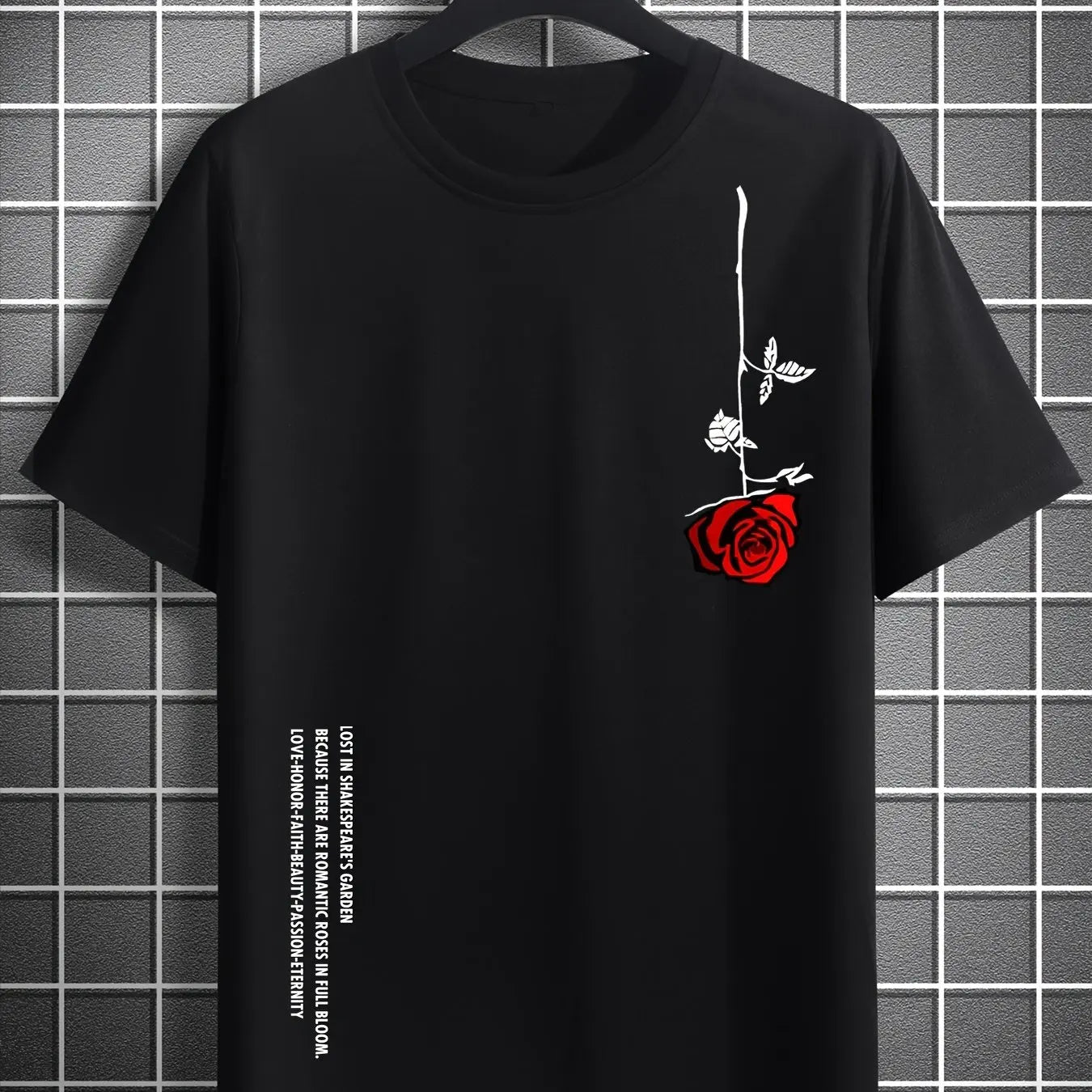 Men's Summer Loose Size 100% Cotton Rose Print Casual Slim Fit Round Neck Short Sleeve T-shirt Top - Live Store 4U