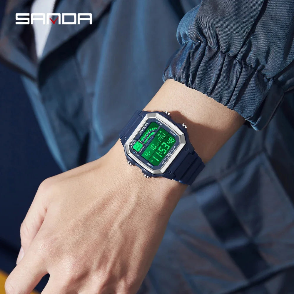 SANDA 6196 Electronic Watch Multi functional Night Glow Waterproof Sports Men's Lightweight Square Classic Student Watch