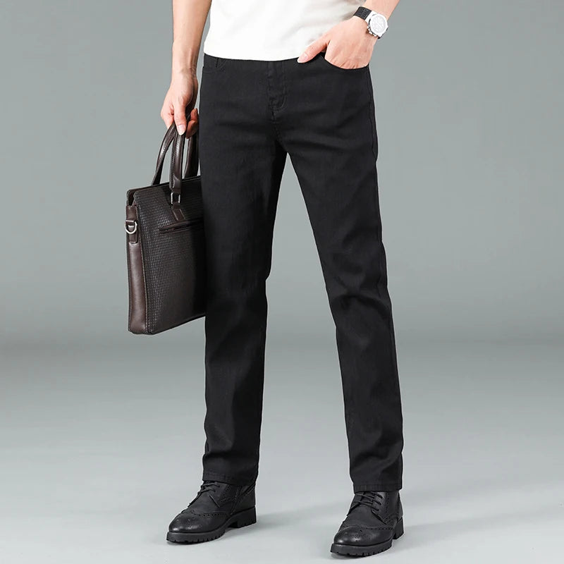 Men's pure black jeans Korean version trendy straight fit pants men's comfortable and elastic classic business jeans - Live Store 4U