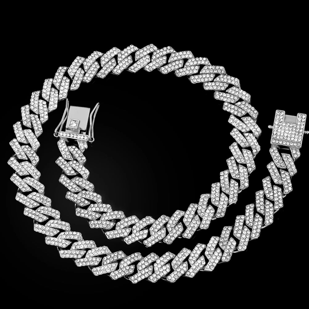 16/18/20/22/24inch Prong Cuban Link Chain for Women Men Iced Out 2 Row Rhinestone Miami Rhombus Hip Hop Cuban Necklaces Jewelry - Live Store 4U