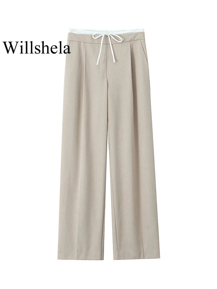 Willshela Women Fashion Solid Lace Up Side Zipper Straight Pants Vintage High Elastic Waist Female Chic Lady Trousers - Live Store 4U