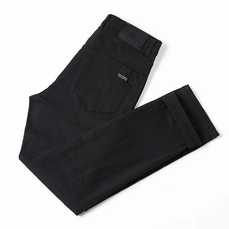 Men's pure black jeans Korean version trendy straight fit pants men's comfortable and elastic classic business jeans - Live Store 4U