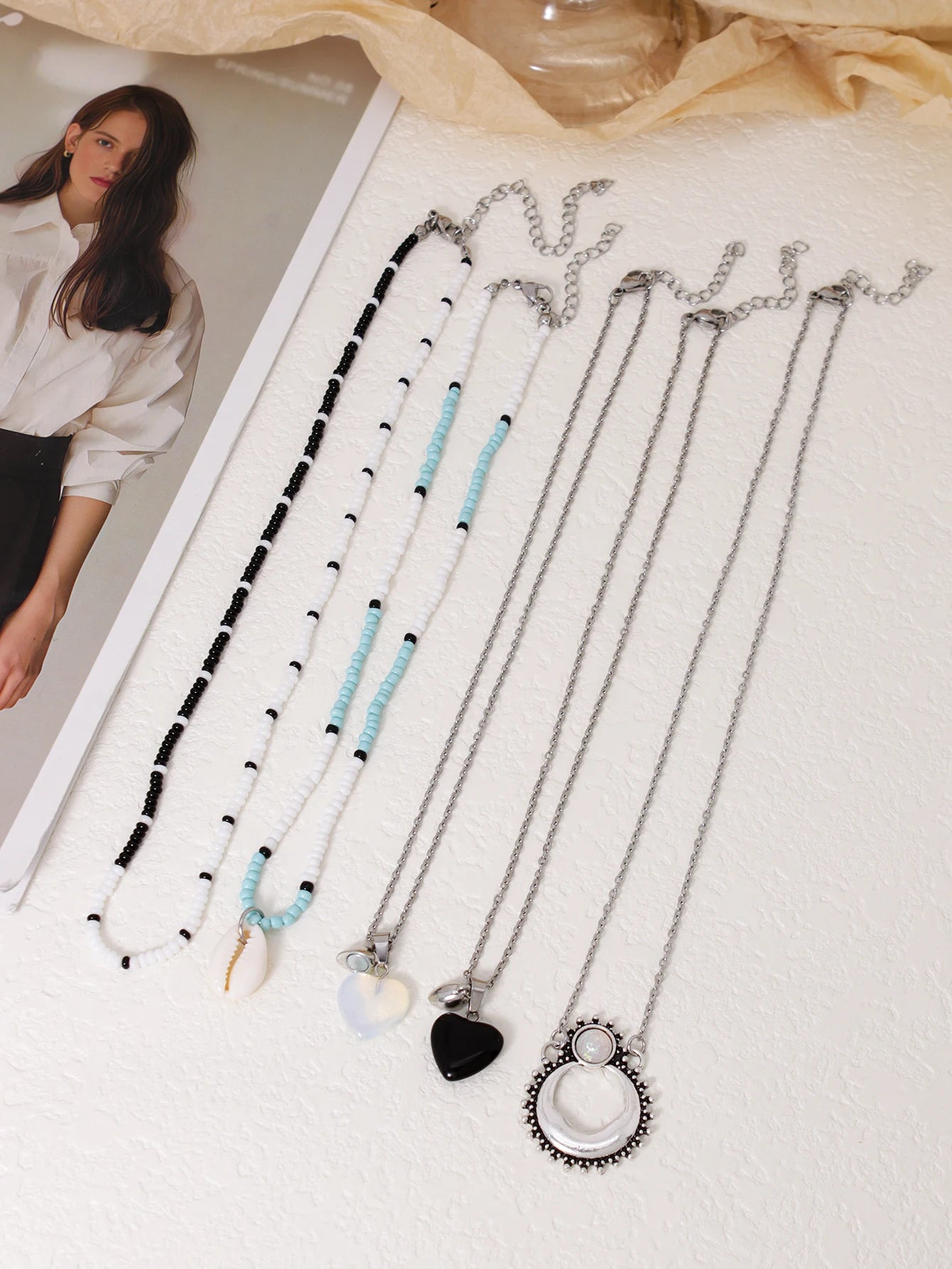 5PCS Charm Bohemian Sea Star Pendant Irregular Gravel Beads Clavicle Chain Women's Necklace Holiday Jewelery Accessories