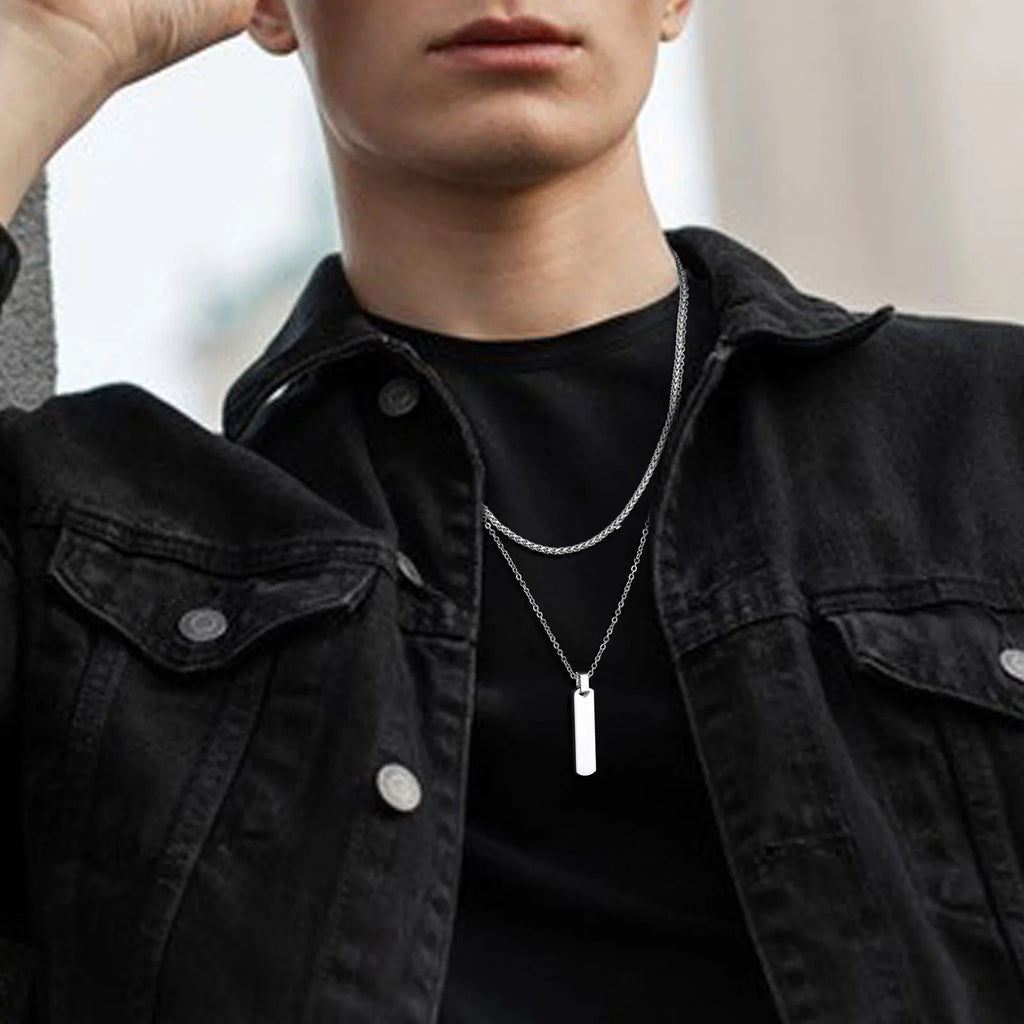 2pcs/set Vertical Bar Stacked Necklaces for Men Boys,Wateproof Stainless Steel Cuban Chain Collar,Stylish Jewelry Sets Gifts