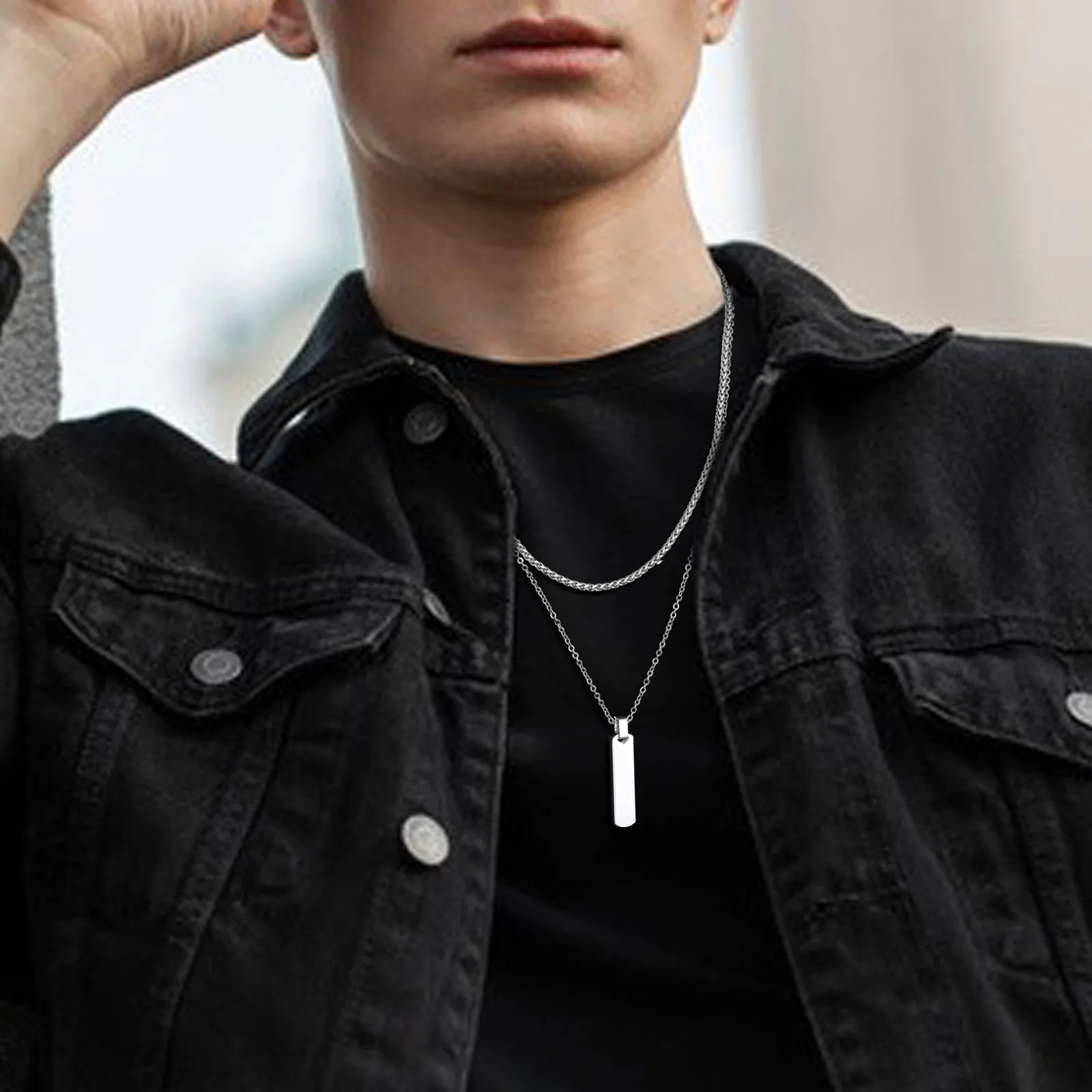 2pcs/set Vertical Bar Stacked Necklaces for Men Boys,Wateproof Stainless Steel Cuban Chain Collar,Stylish Jewelry Sets Gifts