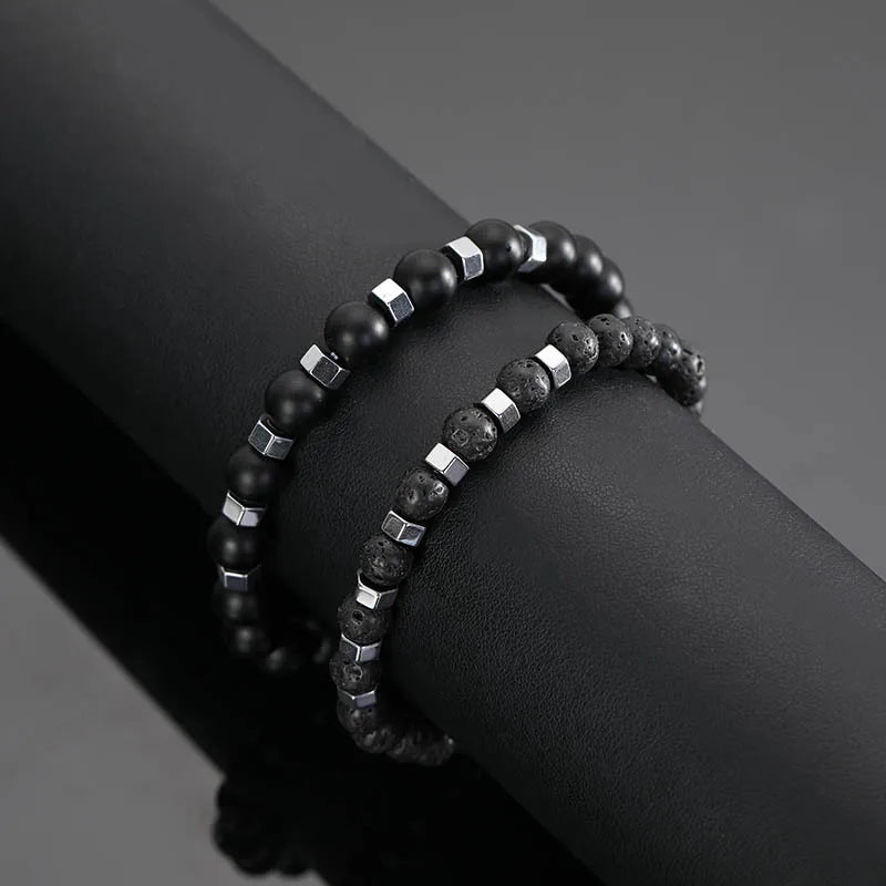 New In Frosted Black Bead Volcanic Stone Men’s Bracelet Set Double Layer Nature Stone Beaded Bracelets Gifts - Live Store 4U
