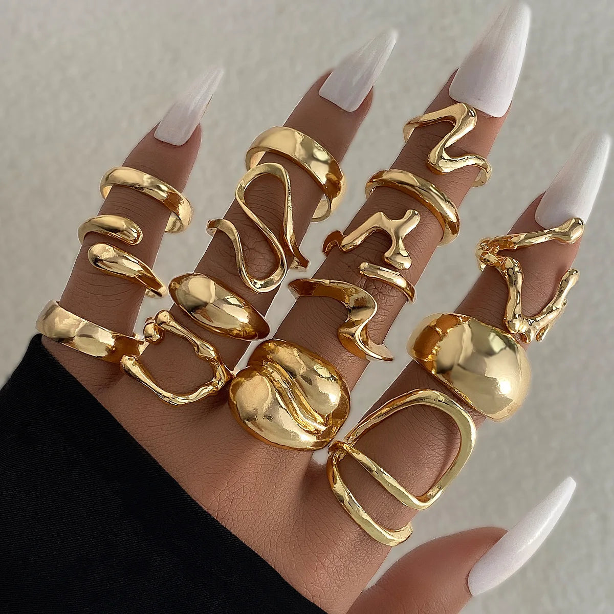 15Pcs/Set Exaggerated Metal Irregular Lines Water Droplet Smooth Rings for Women Men Punk Retro Boho Fashion Jewelry Gift - Live Store 4U