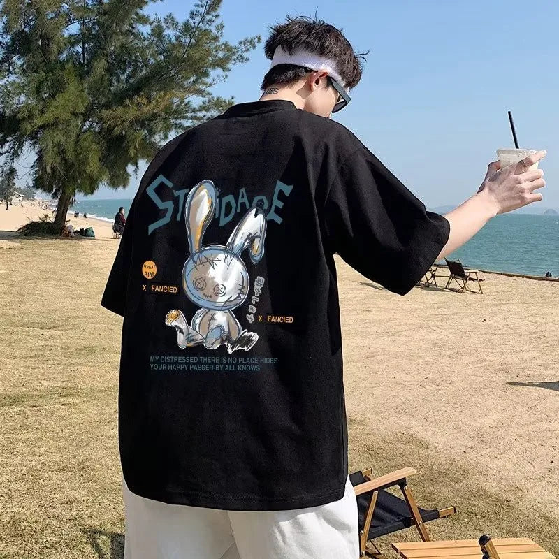 8XL Men Oversize Korean Fashion Loose American Love Puppet Rabbit Print Short Sleeve Round Neck Versatile Trend Couple outfit - Live Store 4U