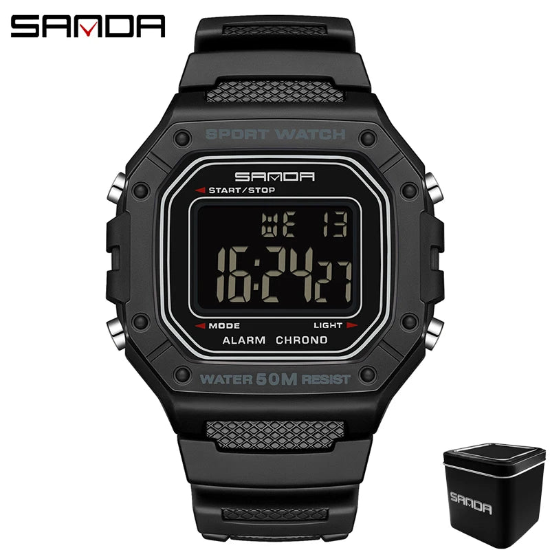 SANDA 2156 Men Watch New Model Electronic Digital Movement Rectangle Led Display Dial Outdoor Sports Watertight Male Wrist Watch