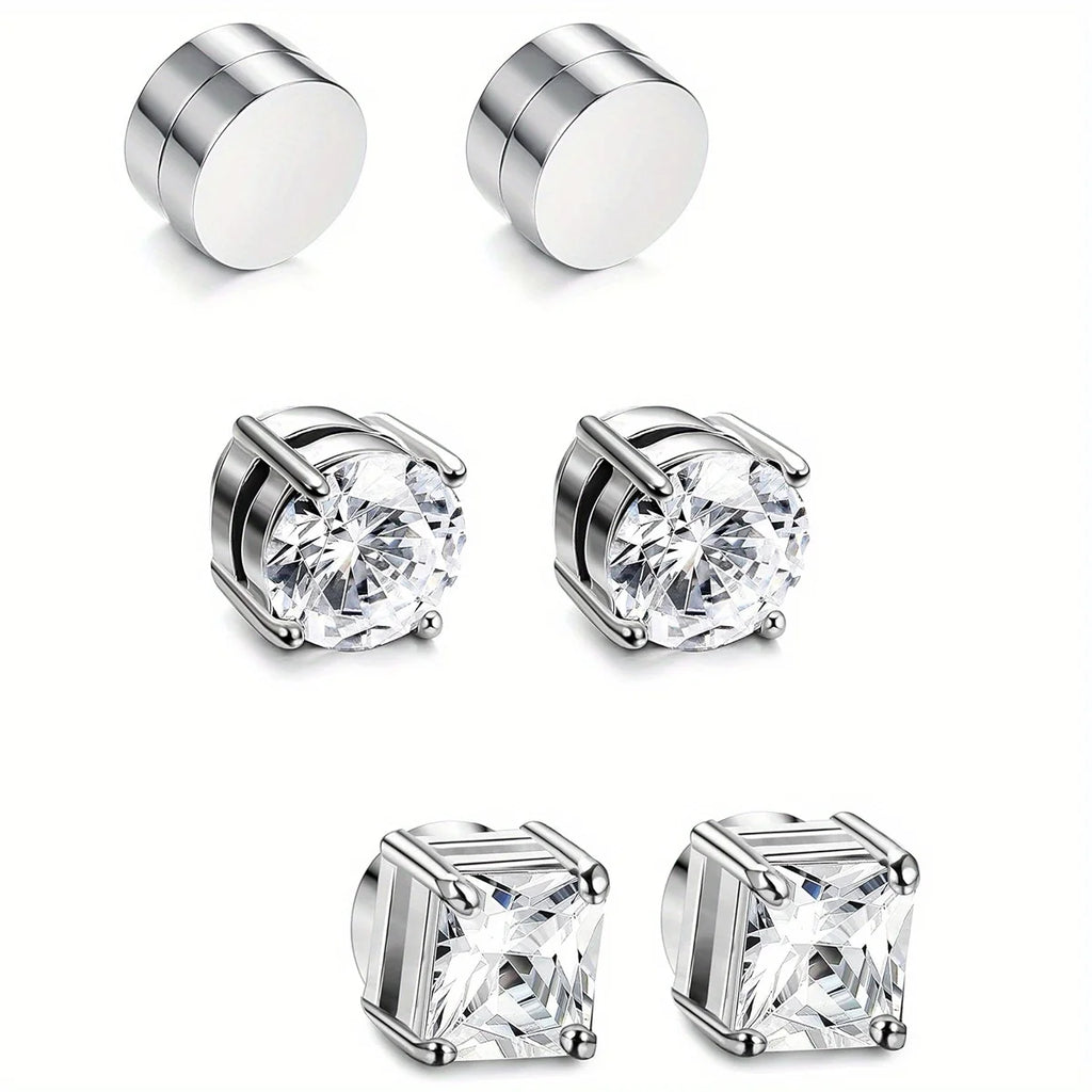 1/3Pairs 6MM Crystal Magnetic No-Pierce Stainless Steel Stud Earrings for Men Punk Zircon Magnet Earrings Non Piercing Jewelry - Live Store 4U