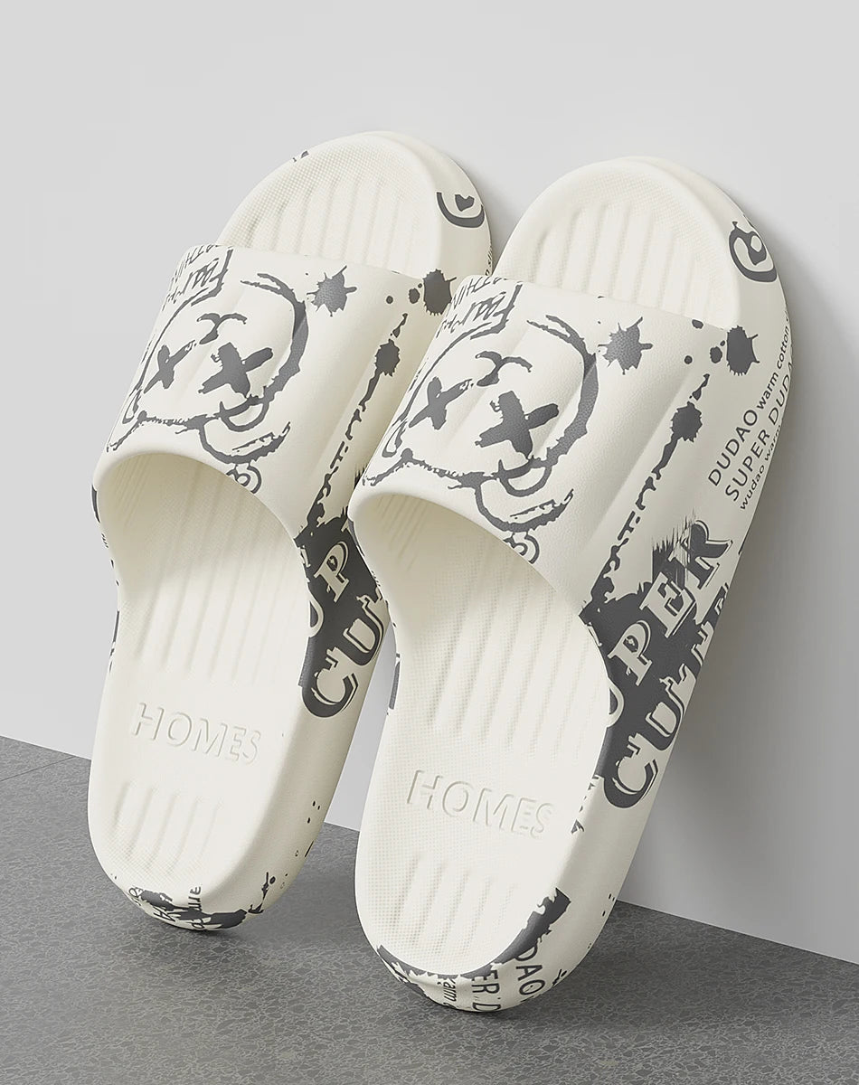 Summer Plus Size 48-49 Graffiti Bear Print Men Slippers Home Flip Flops Thick Couple Women Beach Shoes Sandals