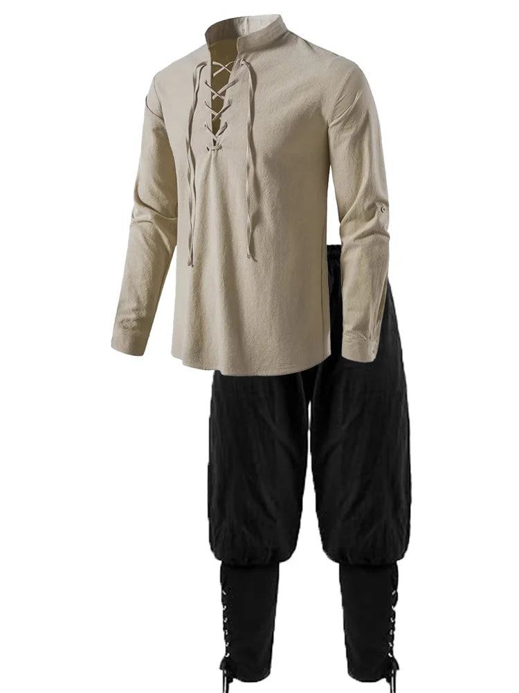 2Pcs Men's Medieval Knight Costume Set Renaissance Cosplay Pirate Shirts Ankle Banded Pants For Halloween Cotton Linen Fabric - Live Store 4U