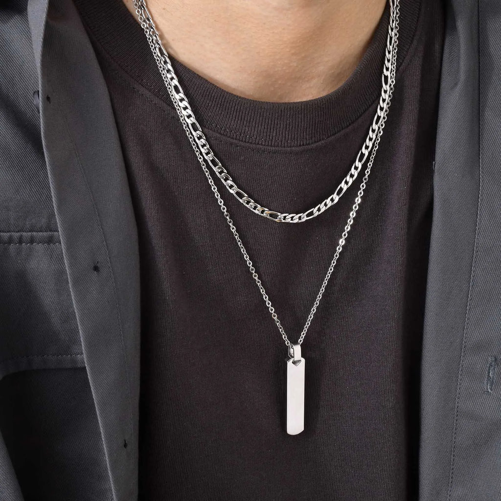 2pcs/set Vertical Bar Stacked Necklaces for Men Boys,Wateproof Stainless Steel Cuban Chain Collar,Stylish Jewelry Sets Gifts