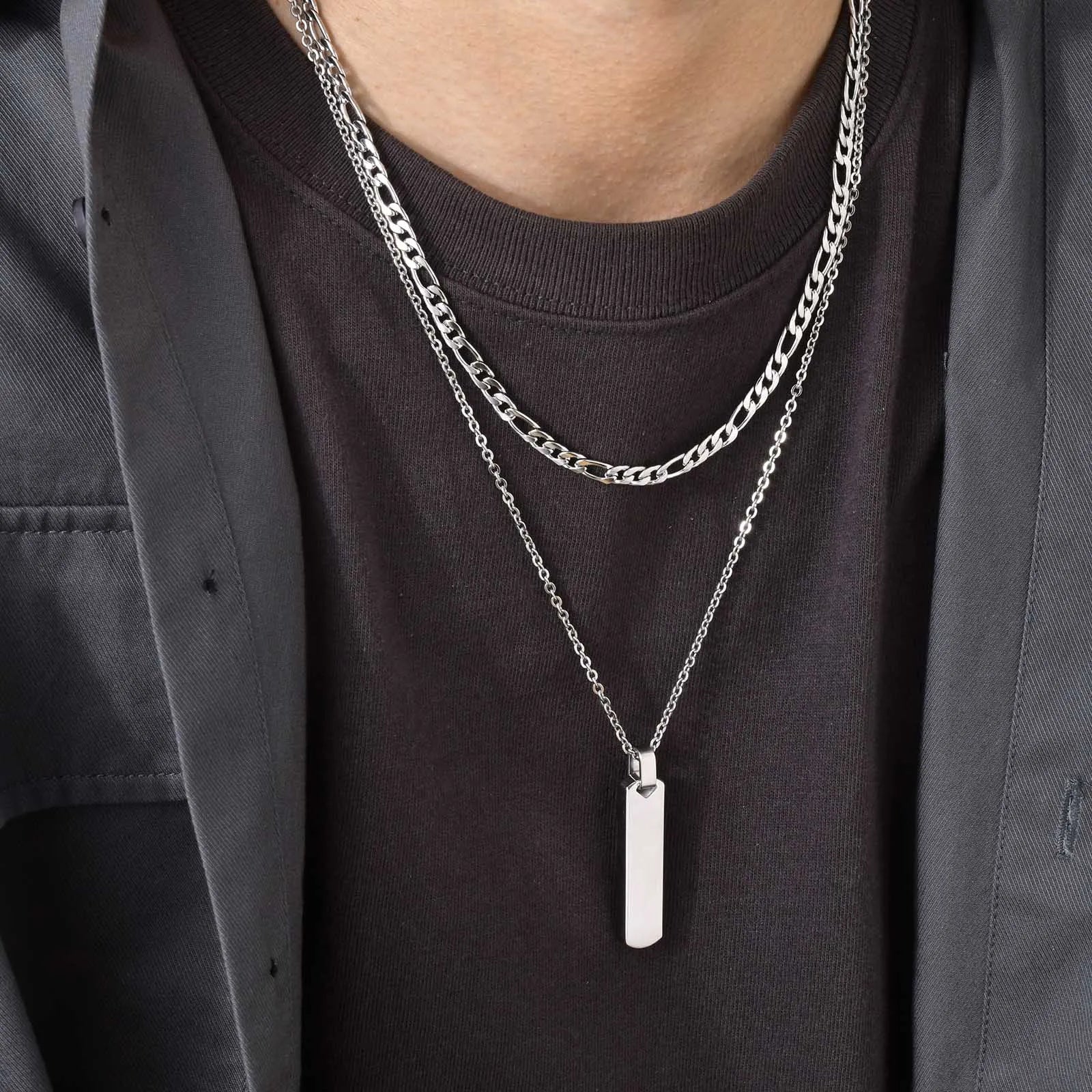 2pcs/set Vertical Bar Stacked Necklaces for Men Boys,Wateproof Stainless Steel Cuban Chain Collar,Stylish Jewelry Sets Gifts